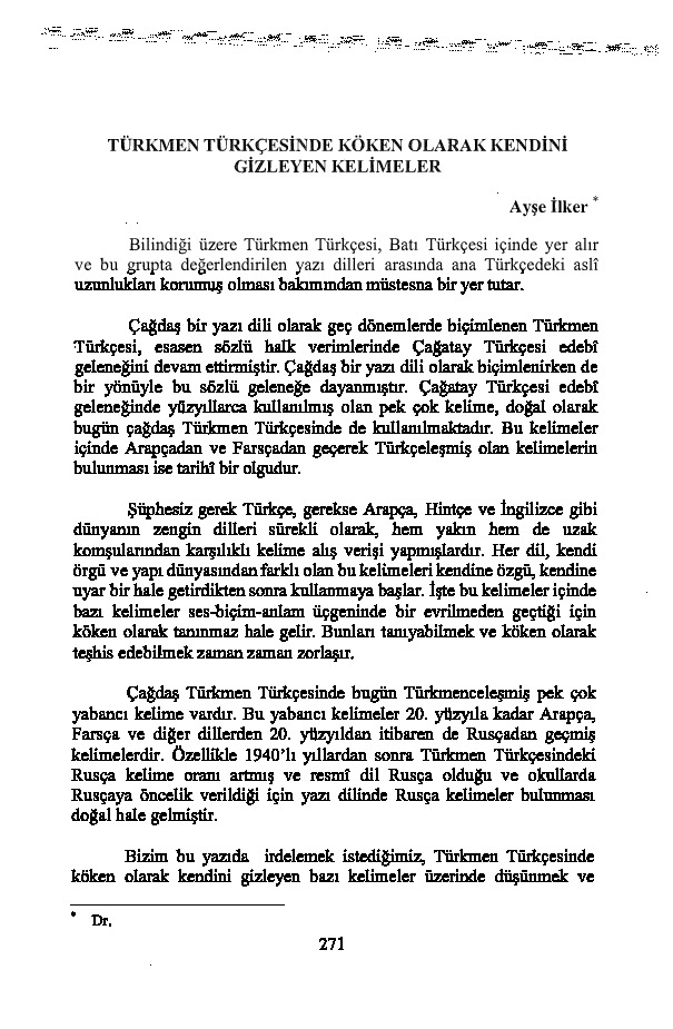 Ayşe İlker - Türkmen Türkcesinde Köken Olaraq Kendini Gizleyen Kelimeler